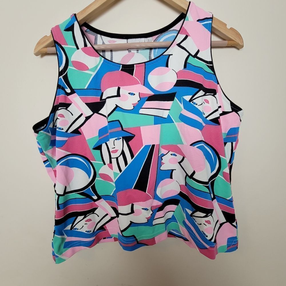 Tennis theme Ladies mod decco Print Crop Top Sleeveless Shell 90s Vtg Tail Large